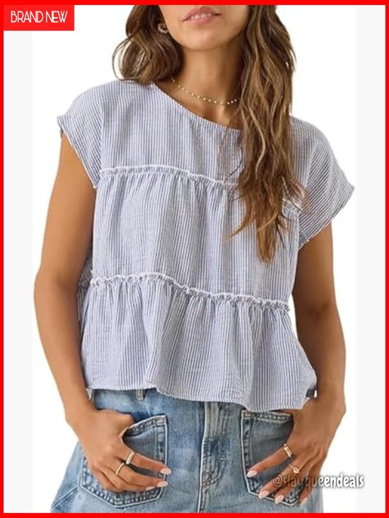 Tops - Flowy Peplum Crop Tee with Ruffle Hem Cap Sleeve Blouse